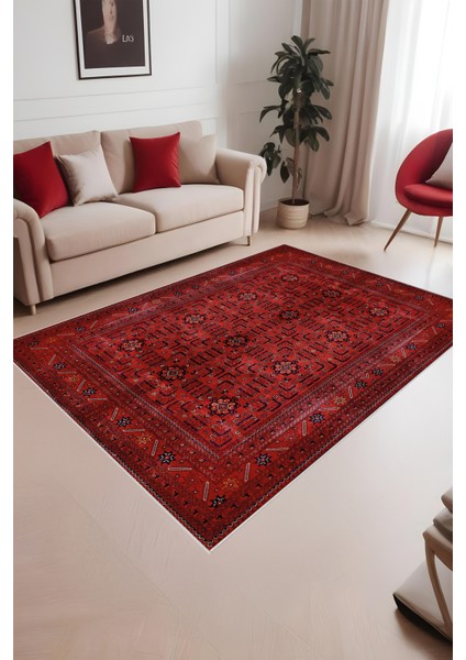 Dijital Baskı Klasik Desenli Kırmızı Çerçeveli Dekoratif Makinada Yıkanabilir Salon ve Yolluk Halısı