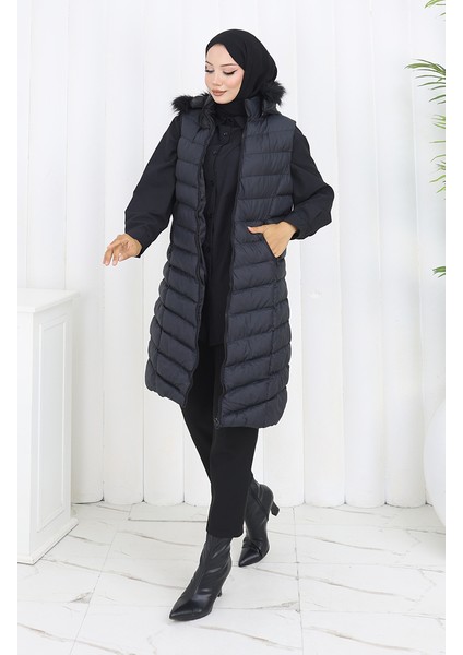 Kapüşonlu Fermuarlı Şişme Yelek 0169-01 Siyah