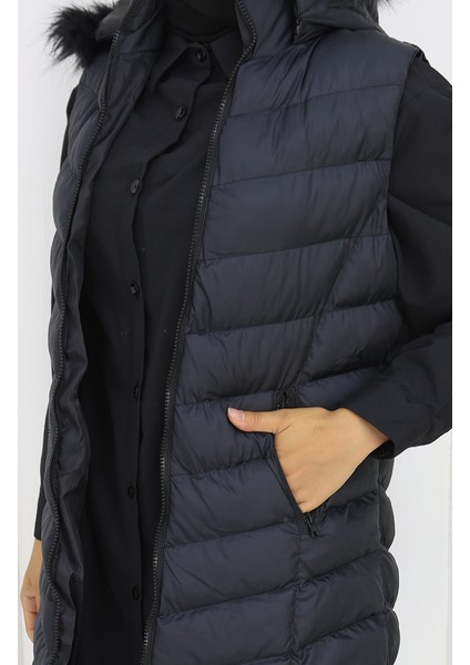 Kapüşonlu Fermuarlı Şişme Yelek 0169-01 Siyah indirimleri