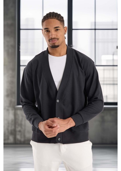 Potter Dokulu Selanik Kumaş Oversize Basic 3 Düğmeli Erkek Hırka - Füme