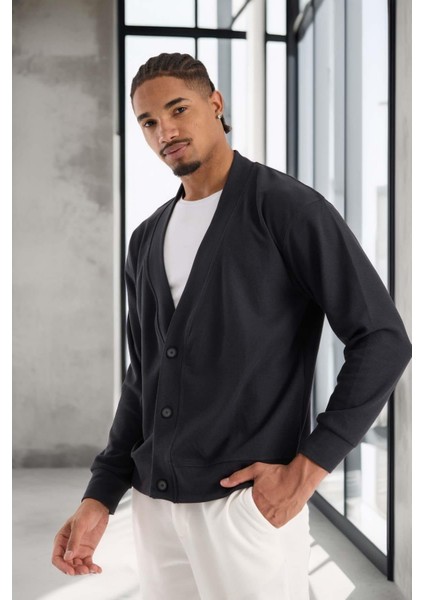 Potter Dokulu Selanik Kumaş Oversize Basic 3 Düğmeli Erkek Hırka - Füme indirimleri
