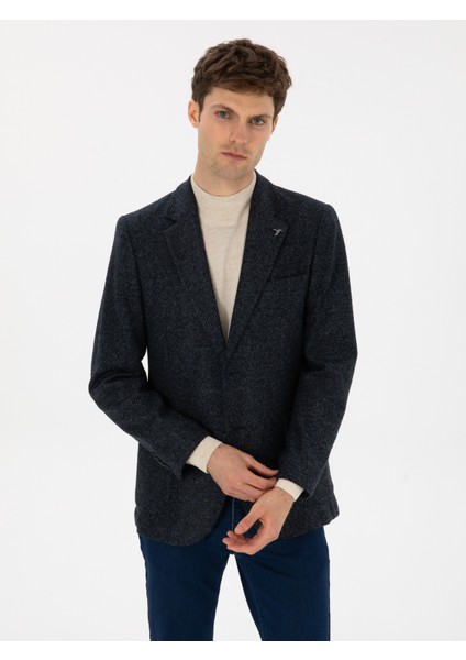 Erkek Lacivert Slim Fit Yün Karışımlı Flanel Görünümlü Ceket 50316800-VR033