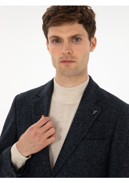 Erkek Lacivert Slim Fit Yün Karışımlı Flanel Görünümlü Ceket 50316800-VR033 fiyatları
