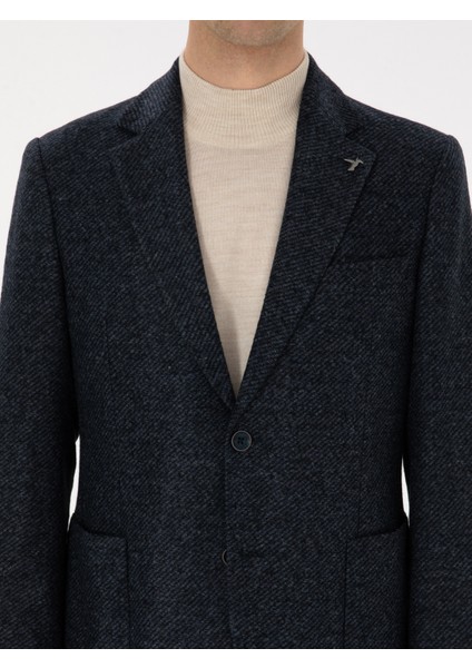 Erkek Lacivert Slim Fit Yün Karışımlı Flanel Görünümlü Ceket 50316800-VR033