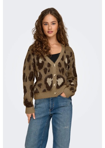 Kadın Onledelıe V Yaka Desenli Yün Hırka 15353090 Kahverengi