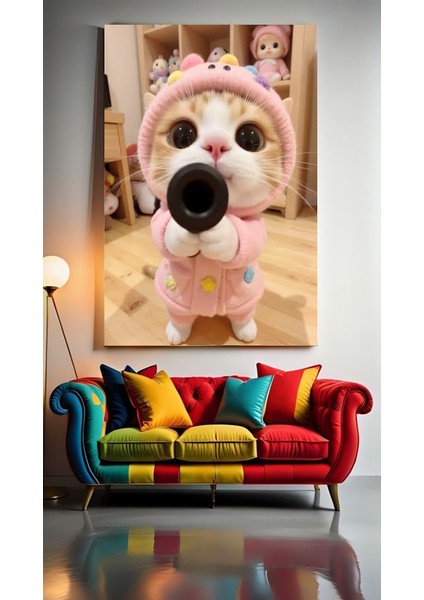 Silah Çeken Kedi Iı Ev Duvar Salon Güzellik Salonu Ofis Dükkan Dekarasyon Kanvas Tablo