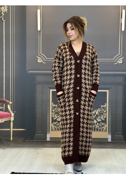 Uzun Hirka, Örgü, Houndstooth Desen, Standart Beden, Bej, Kahve, Şık, Rahat, Kış, Günlük, Joker Parça