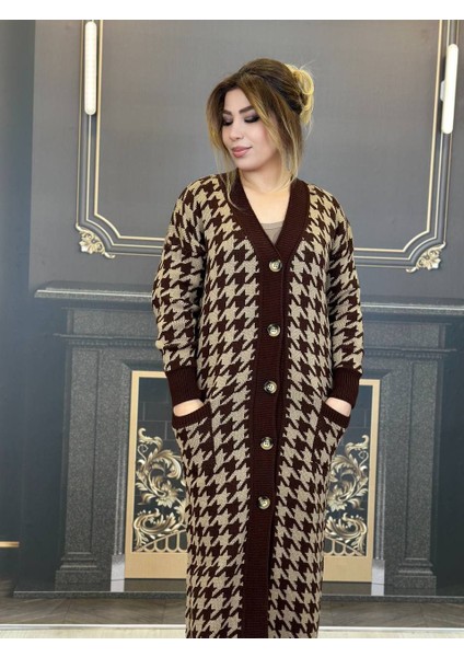 Uzun Hirka, Örgü, Houndstooth Desen, Standart Beden, Bej, Kahve, Şık, Rahat, Kış, Günlük, Joker Parça fiyatları