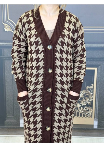 Uzun Hirka, Örgü, Houndstooth Desen, Standart Beden, Bej, Kahve, Şık, Rahat, Kış, Günlük, Joker Parça modelleri