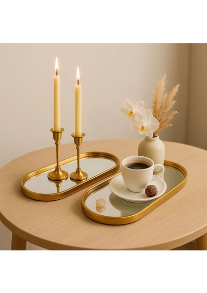 2 Kişilik Aynalı Gold Sunum Servis Tepsisi Tepsi Dekoratif Ayna Oval