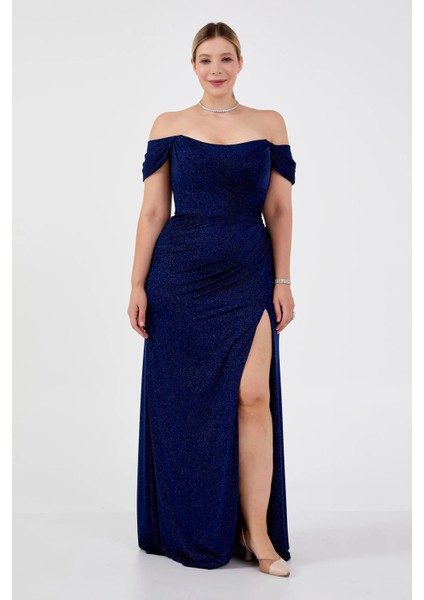 Kadın Büyük Beden Düşük Omuz Derin Yırtmaçlı Balık Form Abiye Elbise 8212 Lacivert