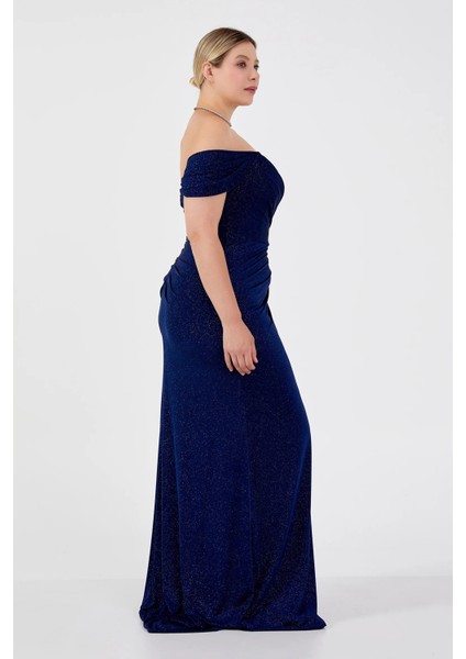 Kadın Büyük Beden Düşük Omuz Derin Yırtmaçlı Balık Form Abiye Elbise 8212 Lacivert fiyatları