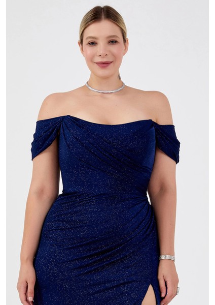 Kadın Büyük Beden Düşük Omuz Derin Yırtmaçlı Balık Form Abiye Elbise 8212 Lacivert modelleri