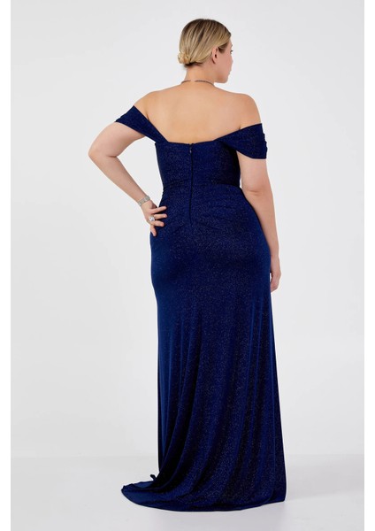 Kadın Büyük Beden Düşük Omuz Derin Yırtmaçlı Balık Form Abiye Elbise 8212 Lacivert fırsatları