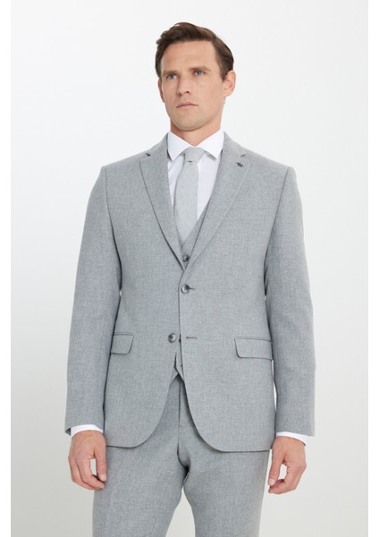 Yünlü Slim Fit Dar Kesim Mono Yaka Diagonal Desenli Kapak Cepli Yelekli Takım Elbise