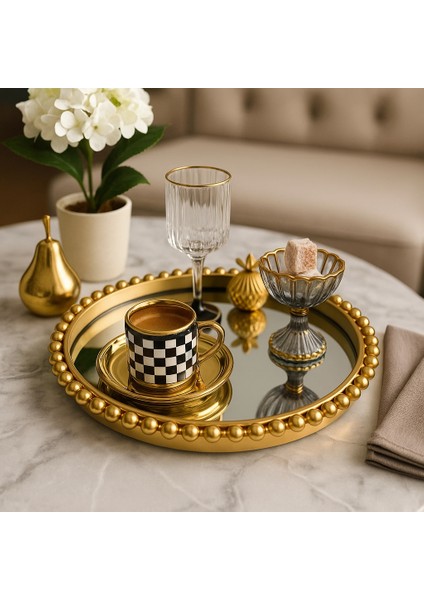 1 Adet Yuvarlak Cam Aynalı Plastik Gold Tepsi Sunum Tepsisi 24CM