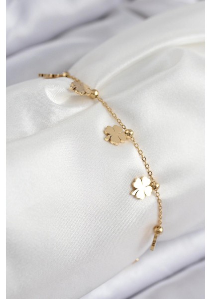 316L Çelik Sıralı Yonca Model Gold Renk Kadın Bileklik - PRT3500EB08708