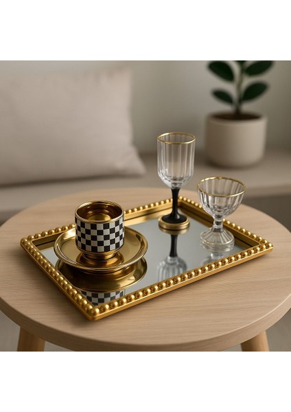 1 Adet Dikdörtgen Cam Aynalı Plastik Gold Tepsi Sunum Tepsisi 19*26CM