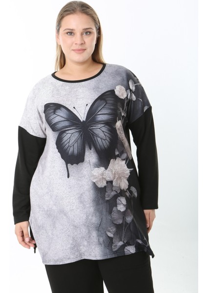 Yünlü Viskon Desenli Likralı Kadın Büyük Beden Tunik