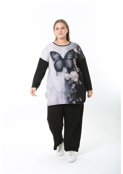 Yünlü Viskon Desenli Likralı Kadın Büyük Beden Tunik