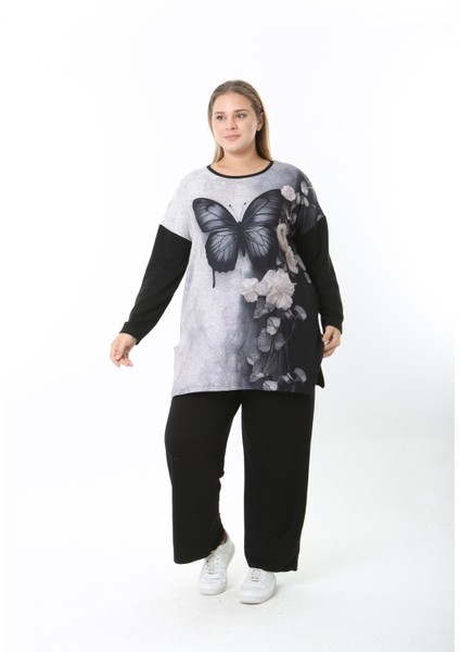 Yünlü Viskon Desenli Likralı Kadın Büyük Beden Tunik