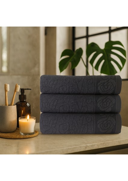 3lü Jakarlı Antrasit Havlu Seti 30X50 cm