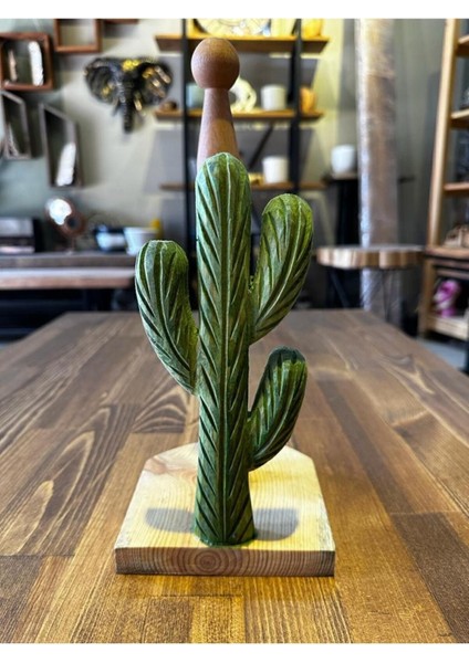 Kaktüs Desenli Ahşap Peçetelik ve Rulo Havluluk, Şık ve Fonksiyonel Tasarım