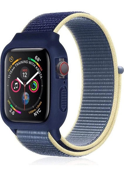 Apple Watch 38MM Hasırlı Cırtcırtlı Kasalı Kordon - SARI-LACIVERT-(5796) - AYS9234-6746