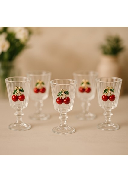 6'lı Kristal Cam Kahve Yanı Bardağı Kiraz Bardak Kirazlı Flüt 75 ml
