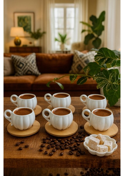 6 Kişilik 12 Parça Bambu Tabaklı Beyaz Porselen Kahve Fincan Takımı Seti 90 ml