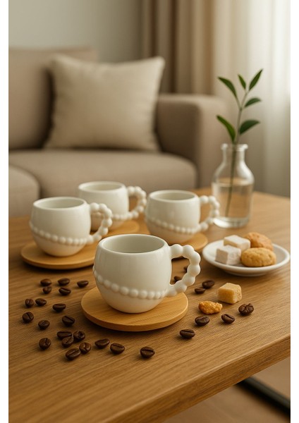 6 Kişilik 12 Parça Bambu Tabaklı Beyaz Porselen Kahve Fincan Takımı Seti 90 ml