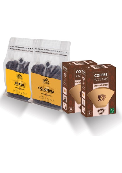 Kahve Keyfi Ofis Seti Brezilya ve Kolombiya 2X250GR Filtre Kahve ve Kahve Kağıdı No:4 80'li 2 Paket