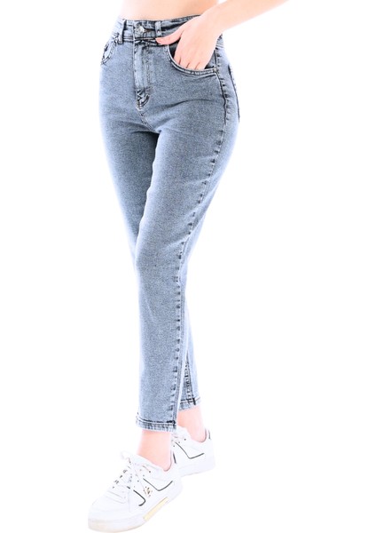Kar Mavi Yüksek Bel Likralı Mom Jeans