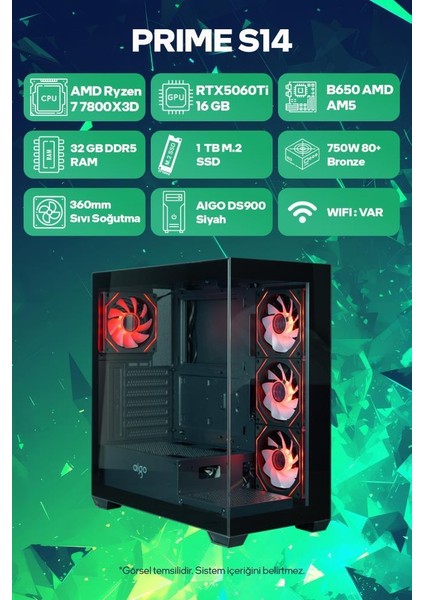 Prime S14 Amd Ryzen 7 7800X3D 32GB Ram 1tb SSD RTX5060TI 16GB 360MM Sıvı Soğutma Freedos Oyuncu Tavsiye Sistem
