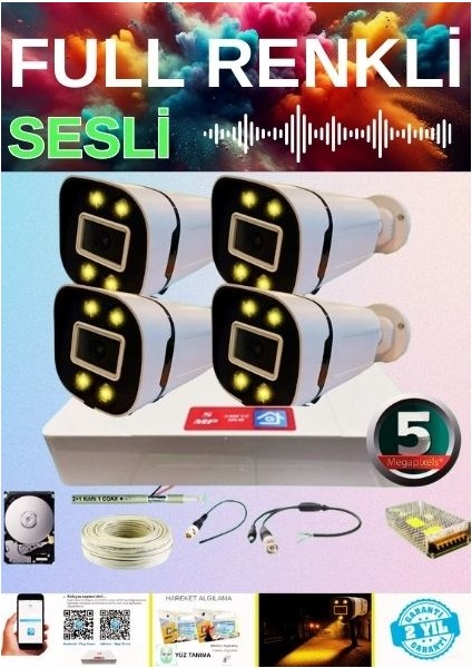 4 Lü Sesli Gece Renkli Görüş Özellikli Su Geçirmez Güvenlik Kamerası Seti 4 Tb - ST425S