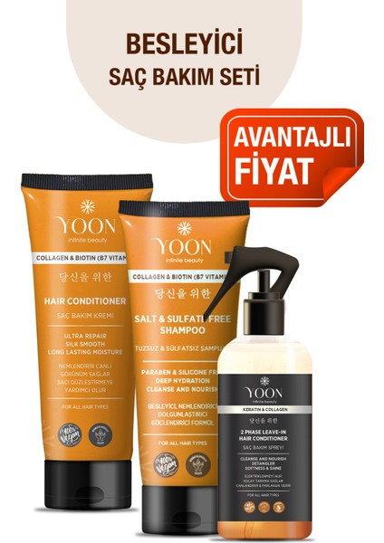 3'lü Besleyici Saç Bakım Seti, Tuzsuz Şampuan 250ML, Saç Bakım Kremi 200ML, Saç Bakım Spreyi 250ML