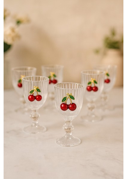 6'lı Kristal Cam Kahve Yanı Bardağı Kiraz Bardak Kirazlı 75 ml