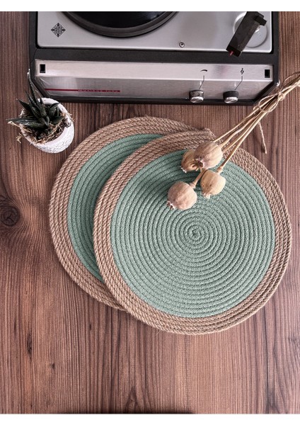 Mint Yeşili Jüt Amerikan Servis, 2'li, Bordürlü, Örme Hasır Supla Seti