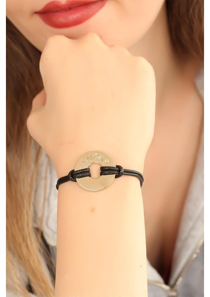 Lucky (Şanslı) Siyah Deri Ipli Unisex Mood Bileklik - PRT3500EB07486