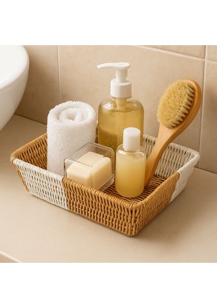 Orta Boy Dikdörtgen Hasır Servis Sunumluk Sepet Organizer Düzenleyici Ekmeklik 27*20CM