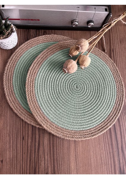 Mint Yeşili Jüt Amerikan Servis, 2'li, Bordürlü, Örme Hasır Supla Seti fiyatları