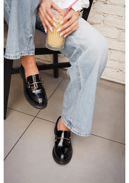 Kadın Loafer Makosen Casual Tokalı Günlük Ayakkabı Forye Siyah Açma