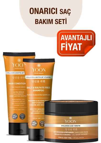 3'lü Onarıcı Saç Bakım Seti, Tuzsuz Şampuan 250ML, Saç Bakım Kremi 200ML, Saç Bakım Maskesi 250ML