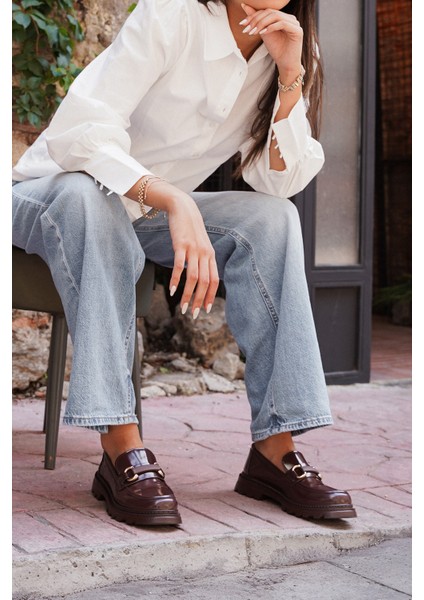Kadın Loafer Yüksek Taban Tokalı Günlük Ayakkabı Kinles Kahve fırsatları