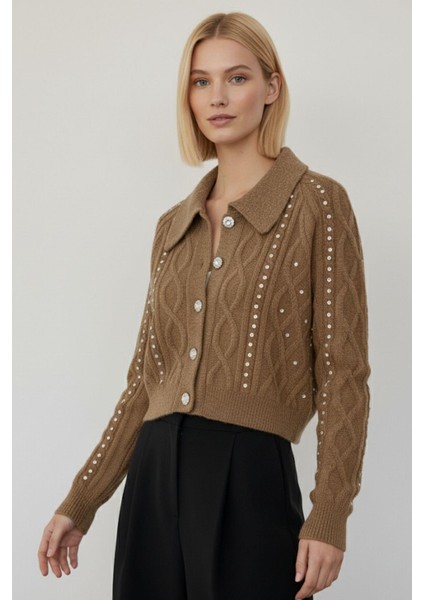 Bej Kadın Taş İşlemeli Örgü Hırka 7265