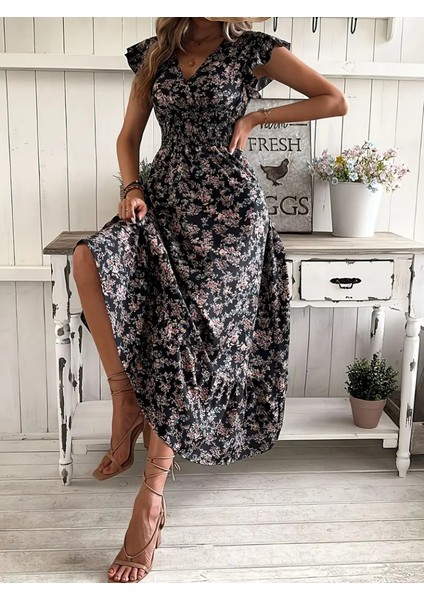 Kadın Kısa Kollu Kruvaze Yaka Beli Lastikli Çiçek Desenli Elbise