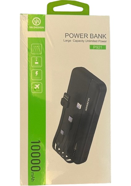 10000MAH Powerbank – Dahili Kablolu, 2.1A Çıkış, Siyah P921 fiyatları