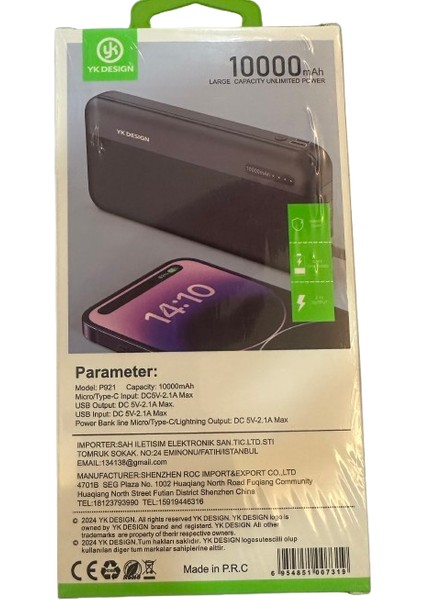 10000MAH Powerbank – Dahili Kablolu, 2.1A Çıkış, Siyah P921 modelleri
