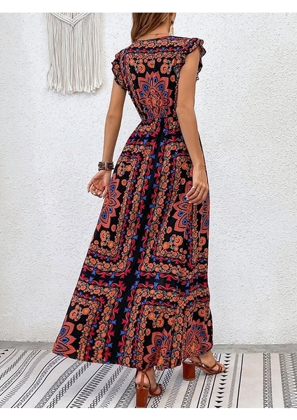 Kadın Kısa Kollu V Yakalı Deseni Yırtmaçlı Süprem Elbise modelleri