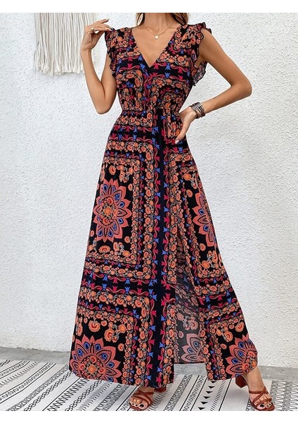 Kadın Kısa Kollu V Yakalı Deseni Yırtmaçlı Süprem Elbise fırsatları